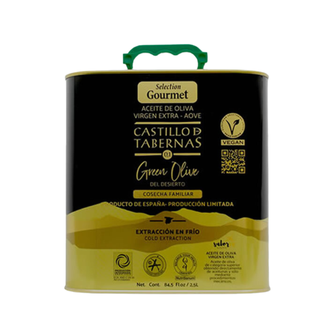 Aceite de oliva virgen extra Green olive del Desierto caja 4 Latas de 2,5L “CASTILLO DE TABERNAS”